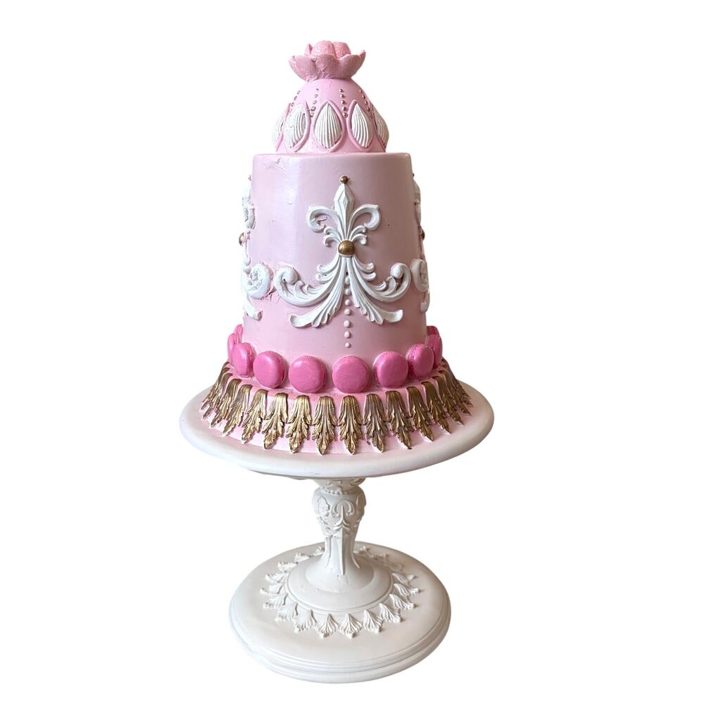 Pink Faux Cake on Pedestal Stand 16in Resin Pinkmas Holiday Tabletop Decor NWOT